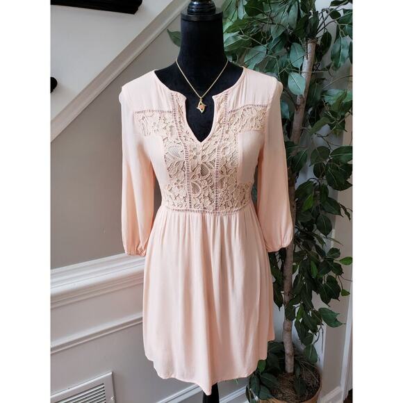 Miami A Line Dress Womens S Pink Lace Floral Lined Long Sleeve V Neck Pullover - Picture 1 of 14